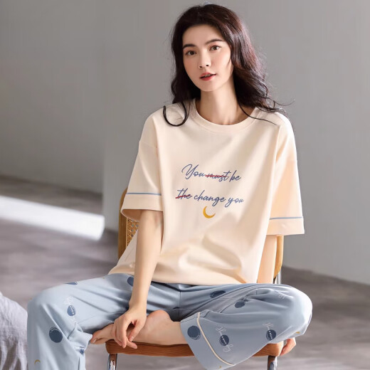 莫代尔睡衣女款夏天短袖长裤夏季2025新款春秋夏款少女士家居服套装 7374 M 【建议80-105斤】