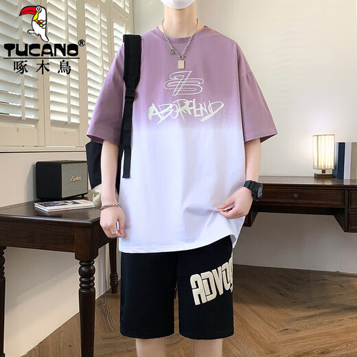 啄木鸟（TUCANO）青少年夏季短袖t恤12-15岁男孩衣服13初高中学生帅气大童夏装套装 6169-5紫色套装【短袖+黑短裤】 M (约75-100斤)