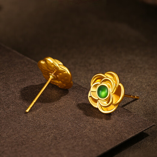 Ming Diamond International 18K Gold Jade Camellia Earrings Women's au750 Earrings Fashion Inlaid Earrings for Girlfriend's Birthday Gift