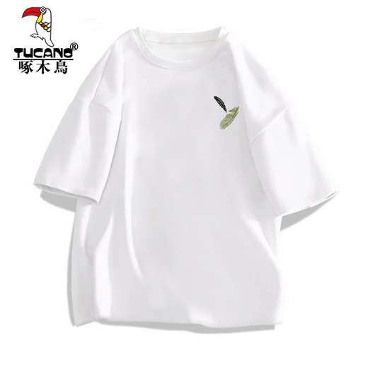啄木鸟（TUCANO）男士短袖t恤夏季薄款潮牌宽松休闲印花半袖衣服男款重磅体恤 白色【前左侧小图K1098 两片小羽 S 建议90-100斤