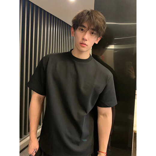 Wu Nan 280g heavyweight American high street black pure cotton short-sleeved T-shirt men's cleanfit right shoulder half-sleeved bottoming top black XL