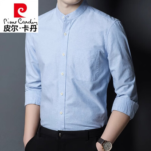 皮尔卡丹（pierre cardin）立领长袖衬衫男中青年休闲中山装男士衬衣100%纯棉潮流上衣衬衫潮 LY11162款白色内销品牌出口转内销 M 170内销品牌出口转内销