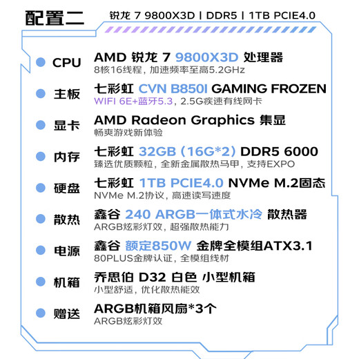 Colorful ITX new product AMD Ryzen 9950X3D/9900X3D/9800X3D/32G memory/1TB mini desktop water-cooled gaming and entertainment computer DIY assembly machine with two 9800X3D/32G/1TB/water-cooled/integrated display