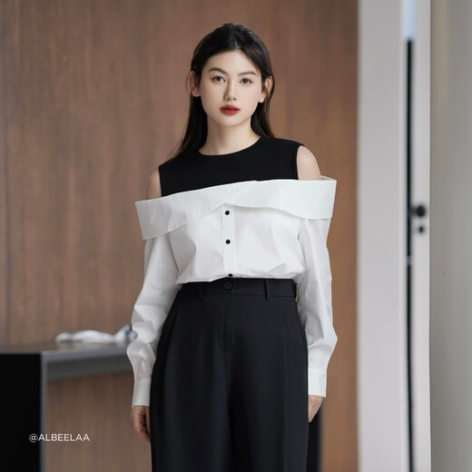 Gloria shirt white solid color women's fake two-piece contrasting design commuter high-end top shirt 1E2L3E210 03W original white XS