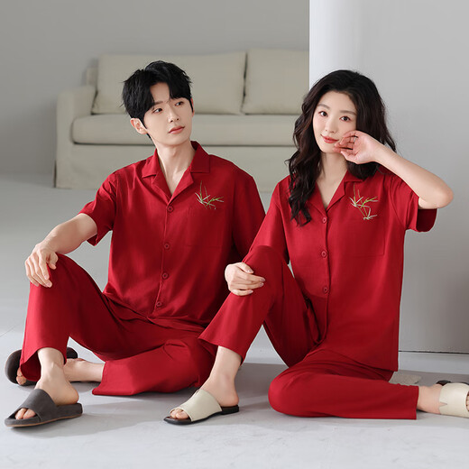 浪莎（LangSha）结婚情侣睡衣一男一女夏季薄款纯棉短袖红色喜庆可外穿家居服套装 867+767 M 女+男款L