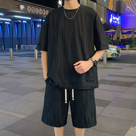龙桃子休闲运动套装男夏季2025新款美式宽松短袖短裤男生酷帅穿搭两件套 2546-826黑色套装 M 约90-105斤可穿