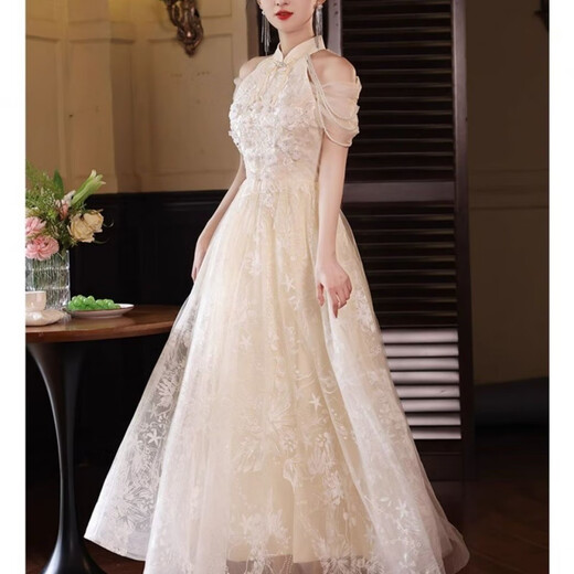盛妙慈晚礼服订婚新款主持人宴会气质高端敬酒中式旗袍 香槟色 S