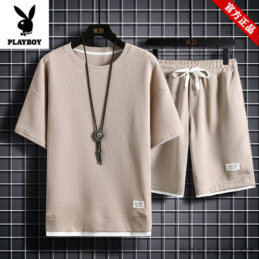 花花公子（PLAYBOY）运动套装男夏季新款白色速干重磅华夫格短袖T恤宽松大码休闲套装 829黑色【套装】 M 100-120斤