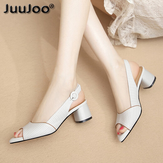 JuuJoo's temperament simple genuine leather fish mouth sandals for women's thick heels new summer French empty striped mid-heel sandals for women off-white 38
