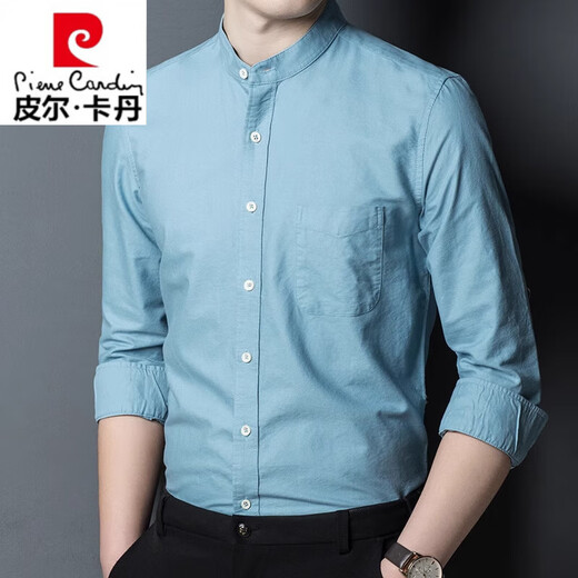 皮尔卡丹（pierre cardin）立领长袖衬衫男中青年休闲中山装男士衬衣100%纯棉潮流上衣衬衫潮 LY11162款白色内销品牌出口转内销 M 170内销品牌出口转内销