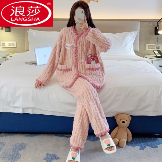 浪莎（LangSha）睡衣女秋冬季珊瑚绒加厚大码法兰绒粉红可外穿网红春秋家居服套装 KMN-6625 M