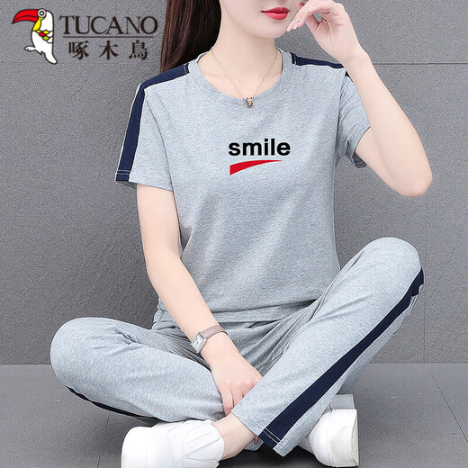 Woodpecker (TUCANO) summer thin sports suit for women 2025 new mother suit fashionable summer casual cotton short sleeve two-piece set 695 royal blue [trouser suit] M [recommended 80-95 Jin [Jin equals 0.5 kg]]