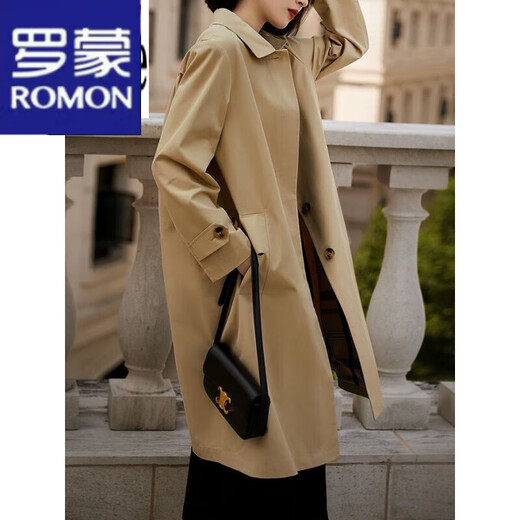 罗蒙（ROMON）风衣外套女中长款2023秋冬新款时尚女装翻领长袖宽松通勤百搭上衣 卡其色 XL
