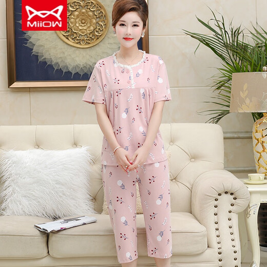 Catman miiow pyjamas d'été coton féminin pur coton court à manches courtes pantalons courts à manches courtes et mères âgées d'âge moyen et âgées de printemps et d'été de grande taille des vêtements de maison xin rose ym3937 xl (recommandé 115-130jin [Jin est égal à 0,5 kg]))