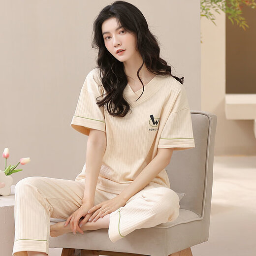 浪莎（LangSha）睡衣女款夏季短袖长裤2025年新款休闲可外穿夏天全棉家居服套装 Y671 S