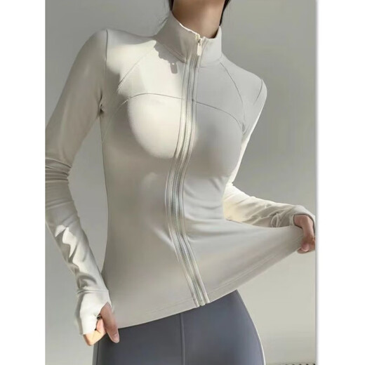 Senyong sports suit for women, beautiful new tight-fitting quick-drying long-sleeved sun protection suit, Pilates training sports yoga suit, beige top + gray pants two-piece set, S size recommended 80-95Jin Jin is equal to 0.5 kg
