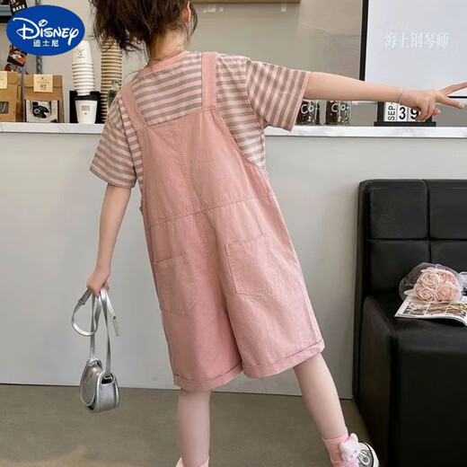迪士尼（Disney）女童套装夏款2025新款儿童夏季潮酷穿搭女孩大童夏装背带裤两件套 粉红色【短袖+背带裤】 120 码 【35-45斤内】