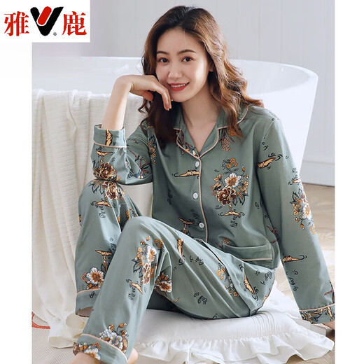 Pajamas Yalu pour les femmes au printemps et en automne en coton pur à manches longues automne-taille moyenne d'âge moyen de l'âge moyen printemps et à l'été des vêtements de maison minces C9272 poudre de haricot Cat XL (recommandé 120-140jin [Jin est égal à 0,5 kg]))
