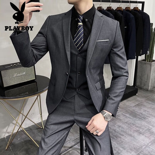 Playboy (PLAYBOY) light luxury high-end men's groom's suit suit men's three-piece wedding dress casual formal dress handsome small suit black three-piece suit (suit + vest + trousers) 2XL