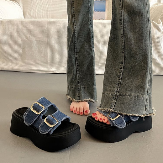 Belle-style super hot French thick-soled sandals for women in summer wear fashionable 2025 new niche outdoor beach shoes black 38