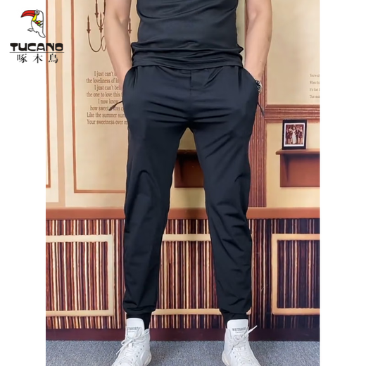 啄木鸟（TUCANO）夏季薄款男士黑色休闲裤帅气质时尚百搭舒适潮流修身运动卫裤 黑 单件短袖(9885款 29 (100-115)斤