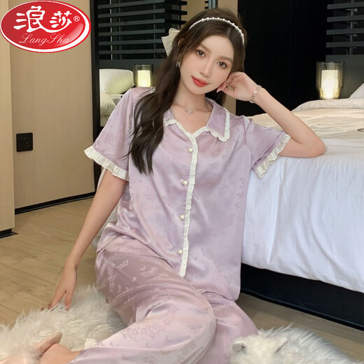 浪莎（LangSha）宫廷风甜美少女蕾丝花边睡衣女春夏季2025冰丝短袖长裤家居服套装 高品质-YFY-9905【短袖长裤】 M 【建议80-100斤】