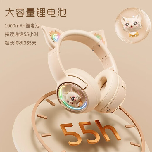 TNXU Sound of Berlin丨Enjoy pleasant music, wireless head-mounted Bluetooth headset with microphone and noise reduction for men and women, mobile phone, computer game, wired online class learning, cute cat ears for children, off-white - Bluetooth wired dual use