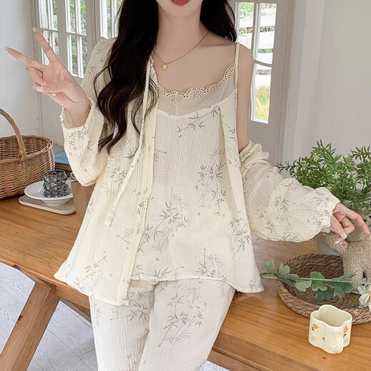 梦特娇（MONTAGUT）云朵棉睡衣女春秋季长袖吊带三件套可爱树叶纯欲风家居服2025新款 tfn#f9928 5XL m建议75-95斤