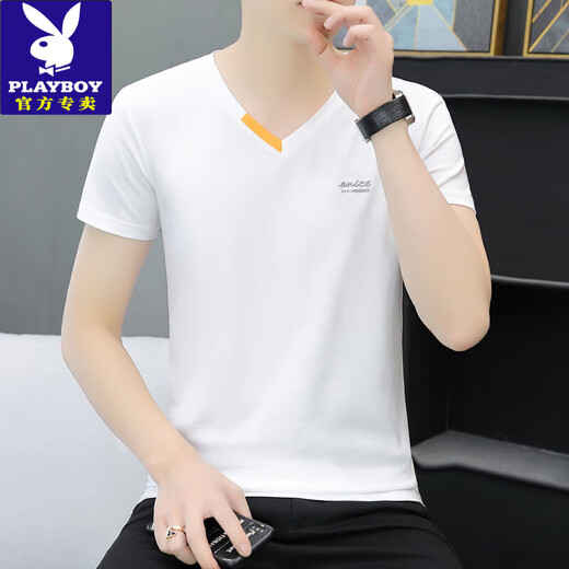 Playboy Summer New Men's Pure Cotton V Neck Half mandeve T-shirt Trendy Casual Small Letter Imprimer Collier de coeur de poulet Collier à manches courtes 691 Bleu et gris 2xl 135-150Jin [Jin est égal à 0,5 kg]