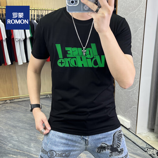 罗蒙（ROMON）t恤男士短袖男2025夏季欧货新款字母T恤上衣简约修身潮圆领半袖男 733烫钻菊帽子黄色 M