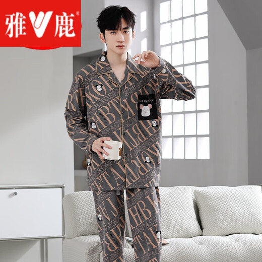 雅鹿睡衣男士春秋季长袖青少年休闲卡通薄款家居服夏天大码学生套装冬 9927:卡通口袋 L