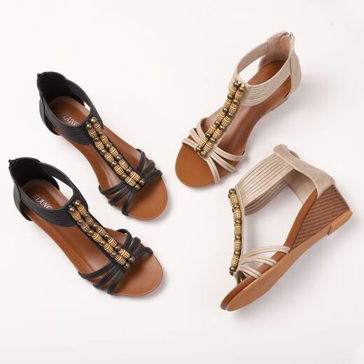 Hualin Fashion Bohemian Wedge Sandalen für Frauen 2025 Neue Modebemen Rom Schuhe Rindfleisch Sehnen Sohle Frauenschuhe Schwarz 1418-684 37