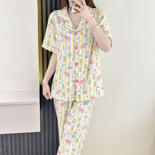 Yalu Yunduomian pajamas for women in summer cute cartoon short sleeves shorts trousers can go out Korean version of Xiaoxiang home clothing set J838 fabric soft upgrade [three-piece set short sleeves M suggestion 80100 equal size