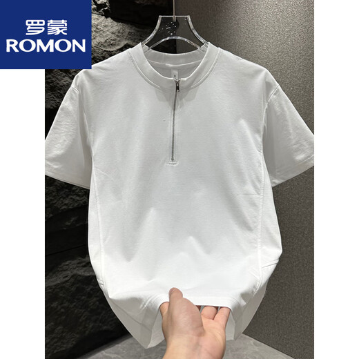 罗蒙（ROMON）短袖t恤男士2025夏季潮流半拉链凉感上衣纯色宽松百搭立领体恤衫 黑色 1585款 L 120-140斤