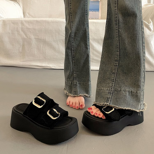 Belle-style super hot French thick-soled sandals for women in summer wear fashionable 2025 new niche outdoor beach shoes black 38