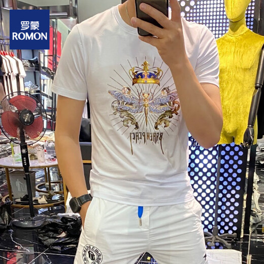 罗蒙（ROMON）t恤男士短袖男2025夏季欧货新款字母T恤上衣简约修身潮圆领半袖男 733烫钻菊帽子黄色 M