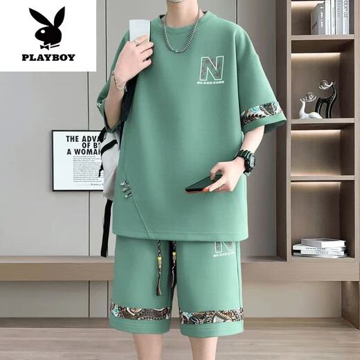 花花公子（PLAYBOY）2025夏季新款短袖青年潮流大码休闲运动套装男士时尚百搭两件套潮 【夏季套装】6195白色 M 90-110斤