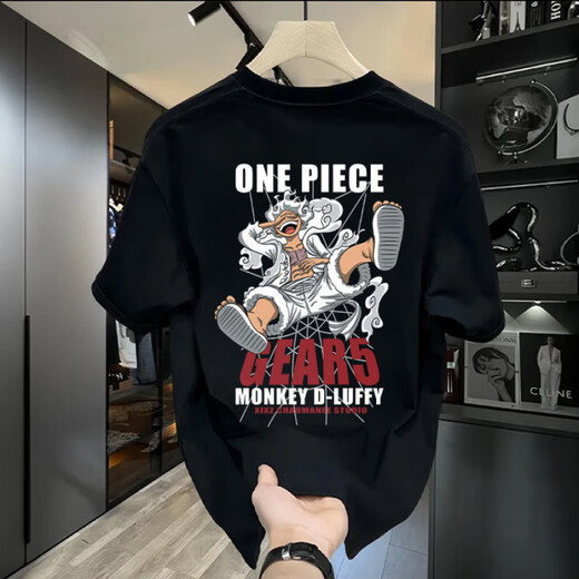 
LEE KIDS Japanese One Piece Nika Luffy cartoon peripheral short-sleeved men autumn teenager student round neck T-shirt top trend V1048 black S