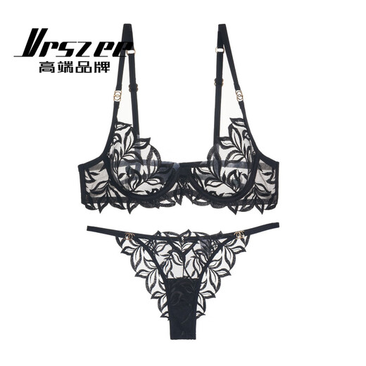 VRSZEE高端品牌内衣女火辣性感纯欲诱惑文胸套装蕾丝丁字内裤比基尼 黑色+丁字裤 L