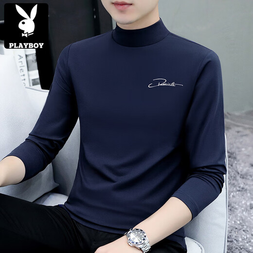 花花公子（PLAYBOY）春秋季半高领打底衫男士修身内搭长袖T恤中领秋衣外穿百搭新品 黑色C6187中领 M 85-115斤