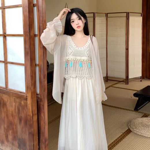 FOX.G suspender skirt dress women's skirt summer clothes women's 2025 new French style small person outfit suit vest + cardigan + skirt three-piece set one size fits all recommended 120Jin Jin equals within 0.5 kg