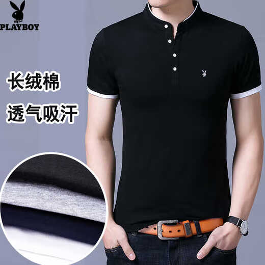 Playboy Pure Cotton Stand Collar T-shirt à manches courtes pour le t-shirt décontracté décontracté décontracté à manche décontracté pour hommes pour hommes Sentiel cool respirant 620 noir [court] L 17084a recommandée 120-140jin [Jin équivaut à 0,5 kg]