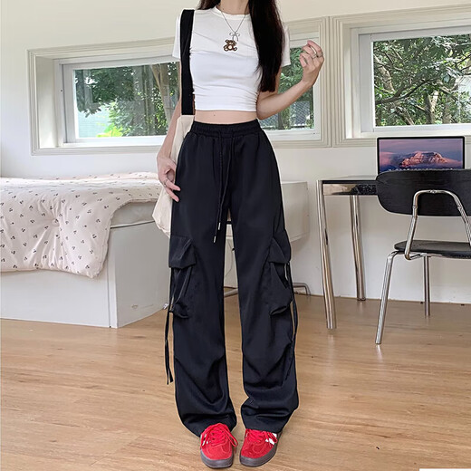 粉色工装裤女春夏2025新款高腰垂感阔腿窄版休闲美式速干运动裤子 蓝色 【MY-687】 S