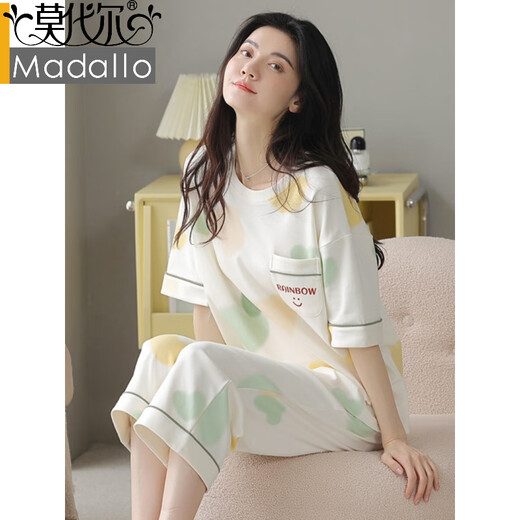 莫代尔2025空调服睡衣女士夏季纯棉短袖七分裤可外穿甜美休闲全棉家居服 607灰色条纹 黑白条纹9848 3XL 建议145-165斤穿