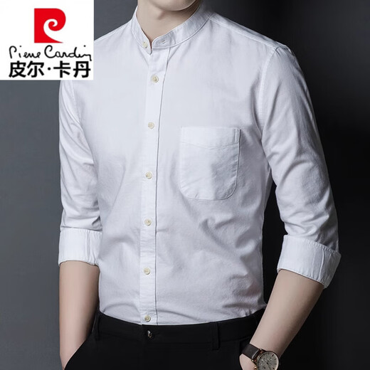 皮尔卡丹（pierre cardin）立领长袖衬衫男中青年休闲中山装男士衬衣100%纯棉潮流上衣衬衫潮 LY11162款白色内销品牌出口转内销 M 170内销品牌出口转内销