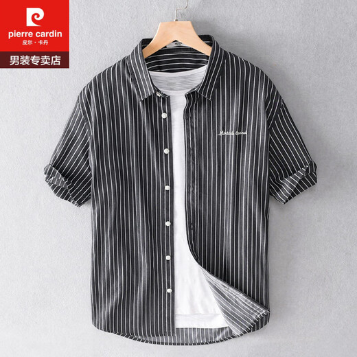 皮尔卡丹（PIERRE CARDIN）男士条纹衬衫短袖宽松夏季薄款日系休闲百搭纯棉衬衣夏装衣服 9740黑色 M 斤左右