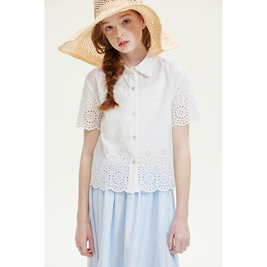 ELLE KIDS children's clothing summer new style girls French pastoral style cotton embroidered lace collar casual short-sleeved shirt top white 140