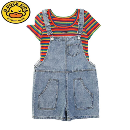 G.DUCKKIDS女童裤子夏季薄款2025年儿童背带裤潮款夏天短裤外穿牛仔裤中大童 蓝色 单件背带裤 140 cm