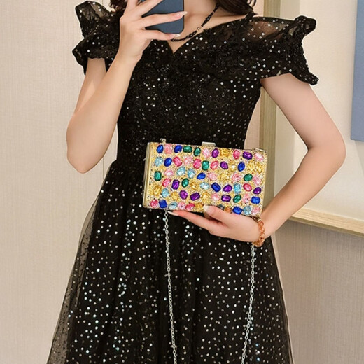 DJIMYL女式2025新款镶钻方形宴会包链条单肩包轻奢时尚斜跨手提小包 彩色