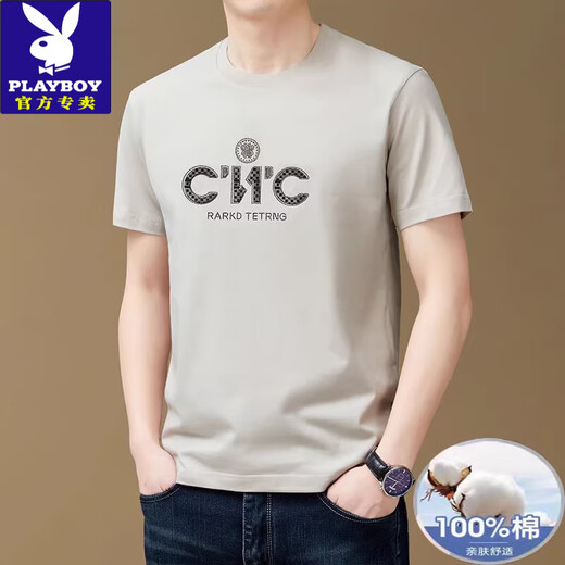Playboy (Playboy) Ropa masculina para hombres Camiseta de manga corta de cuello redondo 100% puro para hombres y camiseta de medios mangas de manteos de tamaño transpirable para hombres de mediana edad.